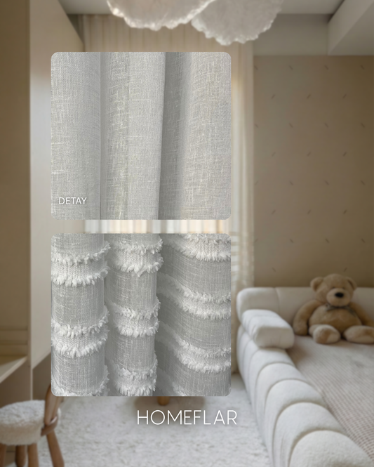 Vira Tül Perde | ÇİZGİ PONPON TÜL PERDE | KETEN ZEMİN