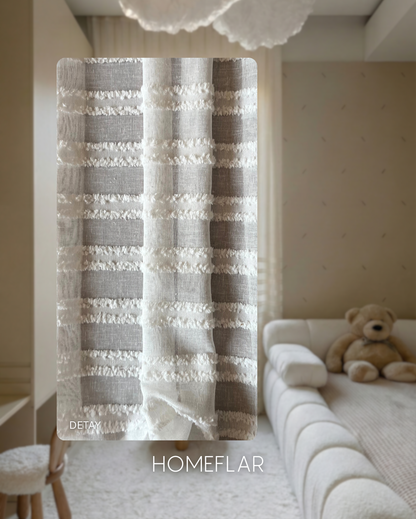 Vira Tül Perde | ÇİZGİ PONPON TÜL PERDE | KETEN ZEMİN