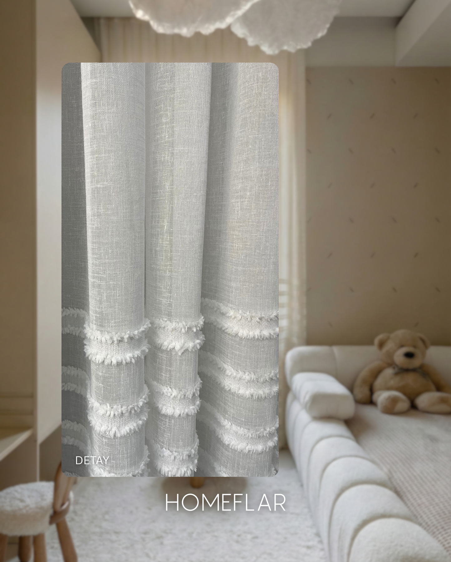 Vira Tül Perde | ÇİZGİ PONPON TÜL PERDE | KETEN ZEMİN