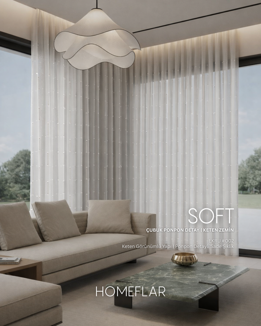 Soft Armür Tül Perde | ÇUBUK PONPON DETAY | KETEN ZEMİN