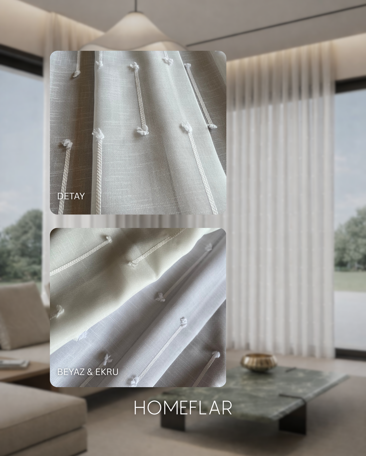 Soft Armür Tül Perde | ÇUBUK PONPON DETAY | KETEN ZEMİN