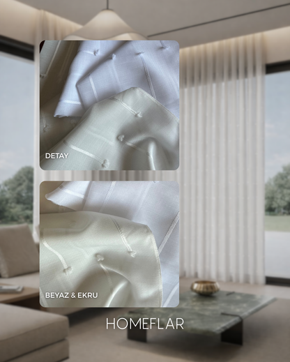 Soft Armür Tül Perde | ÇUBUK PONPON DETAY | KETEN ZEMİN